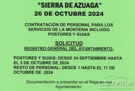 Azuaga anuncia la contratación de personal para la Montería en la Finca Sierra de Azuaga